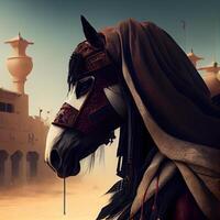 caballo con un máscara en el antecedentes de el mezquita a atardecer, ai generativo imagen foto