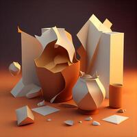 3d illustration of abstract geometric composition with paper cup of coffee and paper box, Image photo