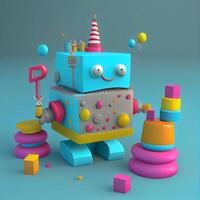 3d illustration of funny robot with party hat on blue background., Image photo