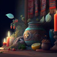 3D illustration of a fantasy scene with a vase and candles, Image photo