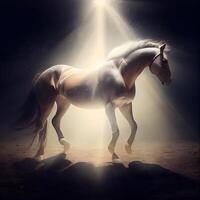 Horse in the rays of light on a dark background. Photo in retro style, Image