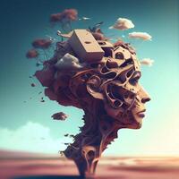 Digital composite of 3D human head in surreal style against blue sky, Image photo