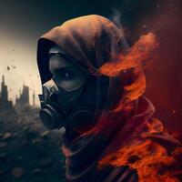 Man in gas mask and smoke on a dark background. 3d rendering, Image photo