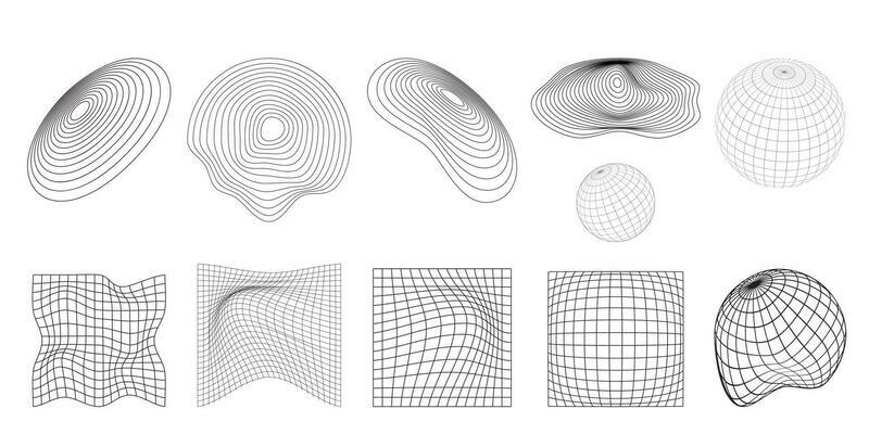 Geometric wireframe shapes and grids on a transparent background.