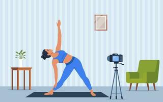 Female character doing yoga exercises at home recording video with camera on tripod. Social network blogging, healthy lifestyle concept. Sport streming. Vector illustration.