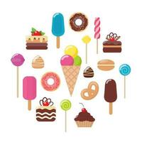 conjunto de varios dulces. helado, pastel, pastel, donut, macarrón, piruleta, caramelo, chocolate. ilustración plana vectorial. vector