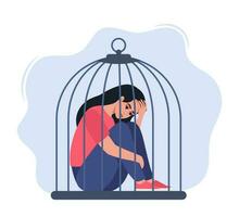 Woman locked in cage. Unhappy female character sitting on floor and hugging knees. Female empowerment movement. Concept of restriction of freedom, domestic violence. Vector illustration.