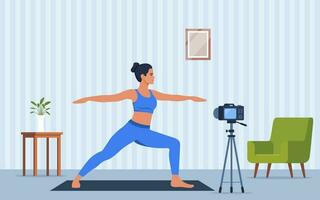 Female character doing yoga exercises at home recording video with camera on tripod. Social network blogging, healthy lifestyle concept. Sport streming. Vector illustration.