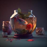 3d illustration of autumn still life with candle, pumpkins and apples, Image photo