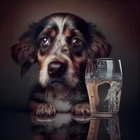 imagen de un perro con un vaso de cerveza en un oscuro fondo, ai generativo imagen foto