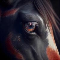 Eye of a horse with orange and black paint on it, close up, Image photo