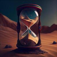 Sandglass in the desert. 3D illustration. Vintage style., Image photo