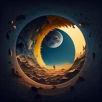 Fantasy landscape with a man standing on the edge of the planet., Image photo