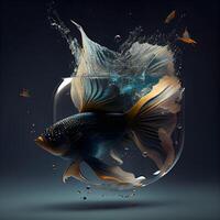 Goldfish in a glass bowl with water splash. 3d rendering, Image photo