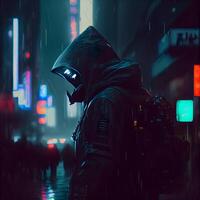 Man in a gas mask and a hood on the street in the rain, Image photo