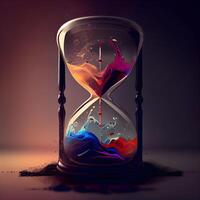 Hourglass with colorful sand on dark background. 3D illustration., Image photo