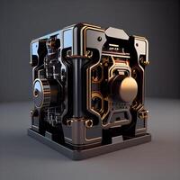 3D render of a retro movie projector on a dark background., Image photo