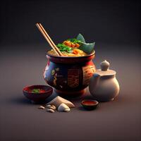 Chinese soup in a clay pot with chopsticks on a dark background, Image photo