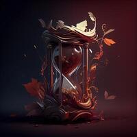 Hourglass with autumn leaves on dark background. 3D illustration., Image photo