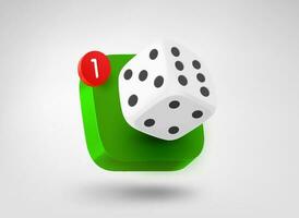 Dice on app button. 3d vector mobile application icon