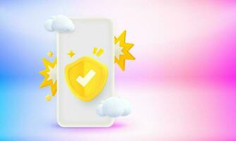 Modern smartphone with shield and blank screen. 3d vector banner with copy space