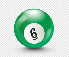 Green billiard ball with number 6. 3d vector isolated on transparent background