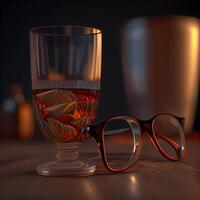 lentes y un taza de coñac en un oscuro fondo., ai generativo imagen foto