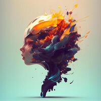 3D rendering of a female head with abstract hair and colorful splashes, Image photo