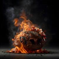 Roasted chicken on a wooden board with fire and smoke on a black background, Image photo