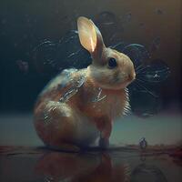 rabbit on a dark background with water drops. 3d rendering, Image photo