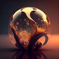 Magic crystal ball with fire inside on dark background. 3D illustration., Image photo
