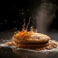 Pancakes with honey and caramel on a dark background, close up, Image photo