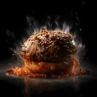 Grilled beef steak on fire with flames isolated on black background., Image photo