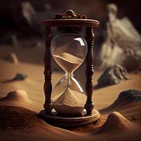 Hourglass in sand desert. Time concept. 3D Rendering, Image photo