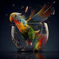 Parrot in a glass vase on a black background. 3d rendering, Image photo