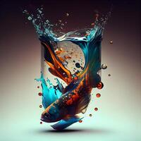 3d illustration of goldfish jumping out of the water with splashes, Image photo