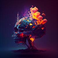 Illustration of a human skull in fire on a dark background., Image photo