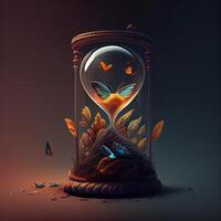 Hourglass with butterflies inside. 3D illustration. Time concept., Image photo