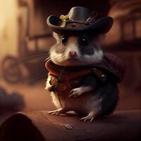 Funny little black and white hamster with cowboy hat and leather jacket, Image photo