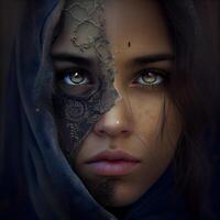 Portrait of a beautiful young woman with a mysterious face painting., Image photo
