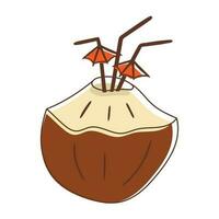 Vector cartoon doodle picture of coconut. Cocktail sticker or coconut water in half of the shell. Cocktail straws with umbrella. Summer vacation design element