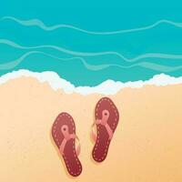 Vector isolated illustration on white background. Yellow soft sand on the beach and flip flops or slippers on it. Design element on the theme of summer holidays, beach vacations, sea coast with waves.
