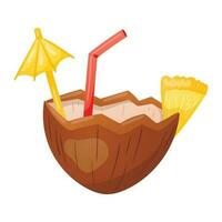 Cartoon summer half coconut cocktail icon with broken edges. Refreshing sweet drink with straw, cocktail umbrella and pineapple slice. Coconut water icon for bar, restaurant or beach. vector