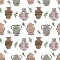 Vector seamless doodle pattern. Antique earthenware vases, pots or containers for liquid in flat style. Ceramic tableware, an element of the interior decor of the ancient world.