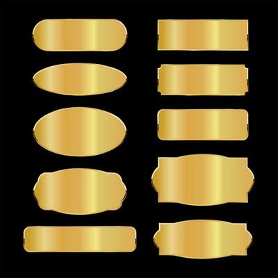 Golden metal plates collection on black background