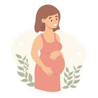 Cute happy pregnant girl. Vector illustration. Future beautiful mother in flat cartoon style.