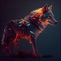 3d rendering of a wolf in neon light on a dark background, Image photo