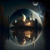 Fantasy landscape with mosque and moon in the sky. 3D rendering, Image photo