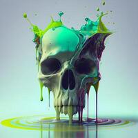 Skull with colorful paint splashes. 3d render illustration., Image photo