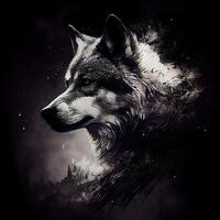 Digital painting of a wolf in black and white. Digital painting., Image photo